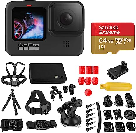 GoPro HERO9 Black, Sports and Action Camera Bundle with Froggi Accessory Kit, 64GB microSD Card, 1080p