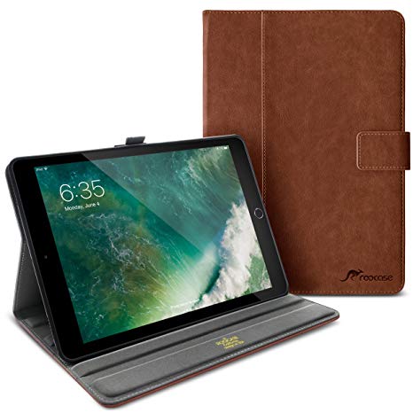 rooCASE iPad 9.7 2018/2017 Case, Premium Leather Folio Case with Apple Pencil Holder, Multi-Angle Viewing Stand, Smart Cover Auto Sleep/Wake Function for Apple iPad 9.7-inch 2017/2018, Brown