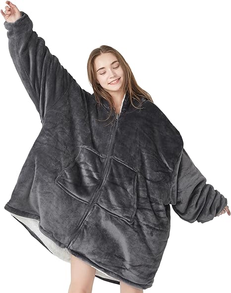 Topcee Oversized Blanket Hoodie Sweatshirt with Zip - Cozy Warm Hooded Sherpa Fleece Wearable Blanket - Louging Blanket with Giant Pocket - Gifts for Adults Girlfriend Wife Mom (Dark Grey)