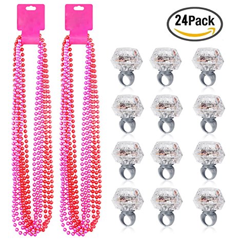 Party Beads Necklaces(12pcs) & Light Up Engagement Diamond Rings(12pcs),Konsait Bachelorette Party Light Up Rings with Bachelorette Party Beads 33inch (Pink & Red)