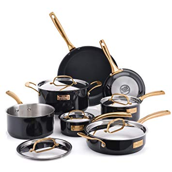 Fleischer & Wolf Nonstick Cookware Set 12pcs Stainless Steel Aluminum Fry Pots Pan Dishwasher Safe (Black)
