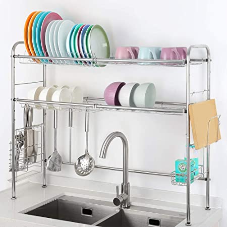 2-Tier Stainless Steel Dish Drying Rack Nonslip Height Adjustable with Chopstick Holder (Double Sink) Deluxe Rusfproof Dish Drainers for Kitchen Counter and Drainboard set, Compact & Portable