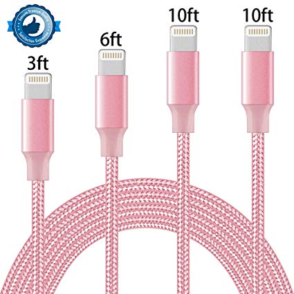 Jebei Lightning Cable,iPhone Cables 4Pack 3FT 6FT 2×10FT to USB Syncing Data and Nylon Braided Cord Charger for Apple iPhone 8, X, 7, 7 Plus, 6, 6s, 6 , 5, 5c, 5s, SE, iPad, iPod Nano, Touch - Pink