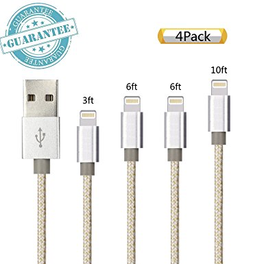 iPhone Cable - 4Pack 3FT 6FT 6FT 10FT, DANTENG Extra Long Charging Cord - Nylon Braided 8 Pin to USB Lightning Charger for iPhone 7,SE,5,5s,6,6s,6 Plus,iPad Air,Mini,iPod(Gold Silver)