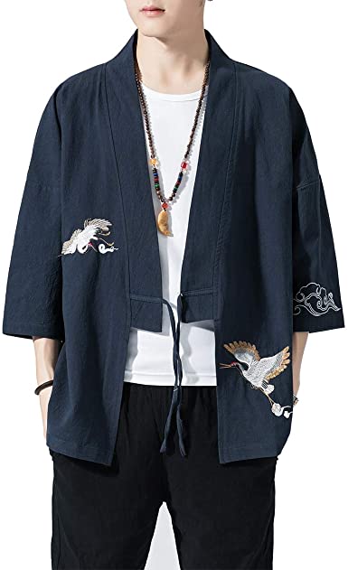 PRIJOUHE Men's Kimono Jackets Cardigan Lightweight Casual Cotton Blends Linen Seven Sleeves Open Front Coat Outwear