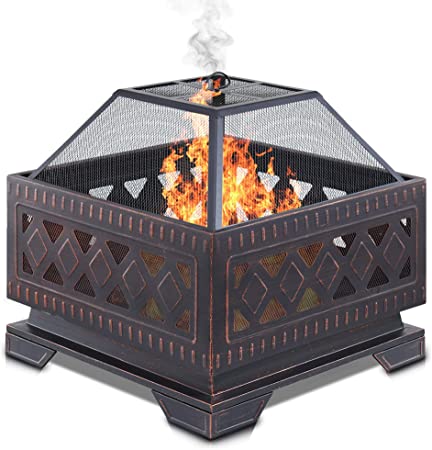 LIVIVO Lattice Design Fire Pit Brazier with Mesh Spark Guard, BBQ Grill Insert and Metal Fire Poker Iron Weather and Rust-Resistant (25" Square)