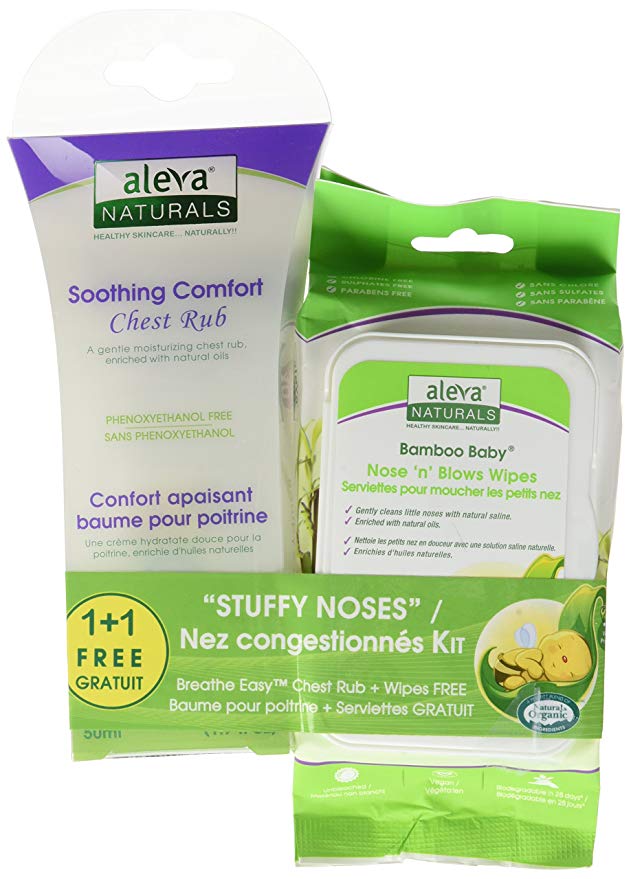 Aleva Naturals Stuffy nose kit - soothing comfort chest rub & bonus bamboo baby nose 'n' blows wipes, 1.7 Fl oz