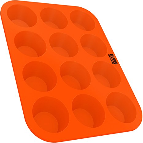 Silicone Mini Muffin Cupcake Baking Pan Tray - 12 Cup - 100% Pure Food Grade Non-stick Silicone - Orange - By Belgoods Bakeware