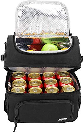 MIER Dual Compartment Lunch Bag Tote with Shoulder Strap for Men and Women Insulated Leakproof Cooler Bag, Black