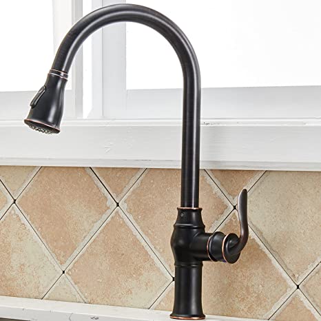 Comllen Best Single Handle Solid Brass Pull Out Sprayer Oil Rubbed Bronze Kitchen Faucet, Sturdy and Durable Bronze Kitchen Sink Faucet Without Deck Plate