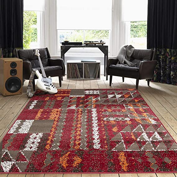 Terracotta Red Geometric Patchwork Rug Brown Orange Living Room Area Bedroom Floor Rugs 120cm x 170cm