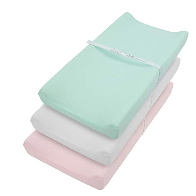 TILLYOU Jersey Knit Ultra Soft Changing Pad Cover Set-Cradle Sheet Unisex Change Table Sheets for Baby Girls and Boys-Fit 32"/34'' x 16" Pad- Comfortable Cozy -3 Pack Lt Pink/Green/Grey