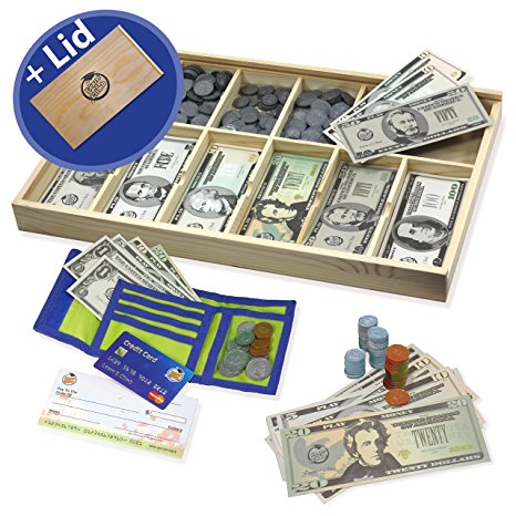 Educational Play Money Set - Over 560 Pieces. Bills-Coins-Wallet-CC-Checks  Lid. Little Banker’s Toy