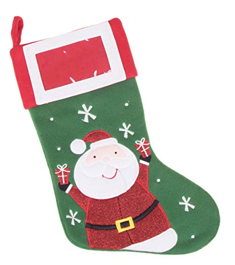 Clever Creations Picture Frame Christmas Stocking Happy Santa Design | 4”x 6” Frame on Cuff with Embroidered Details | Soft Felted Material | Festive Holiday Décor | Winter Theme | Measures 16