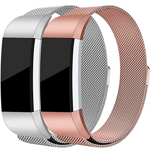 For Fitbit Charge 2 Bands, Maledan Stainless Steel Milanese Loop Metal Replacement Accessories Bracelet Strap with Unique Magnet Lock for Fitbit Charge 2 HR Large Small, Silver, Black, Gold, Rose Gold