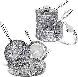 MICHELANGELO Saucepan Set with Lid, Nonstick 1Qt & 2Qt Nonstick Sauce Pan Set with Lid, Small Pot with Lid, Nonstick Granite Saucepan Set, with Stone Frying Pans Set 8/9.5/11 inch