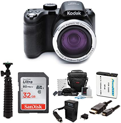 KODAK PIXPRO AZ421 Astro Zoom 16MP Digital Camera (Black) Bundle with 32GB SD Card, Replacement Lithium-Ion Battery and Charger, and Accessories (7 Items)