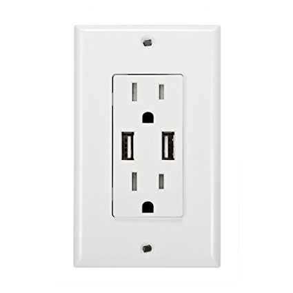 Globe Electric 78147 2 Outlet Child Safe Shock Guard Wall Tap with 2 Fast Charging USB Ports 3.1A, AC Receptacle 15A 125V