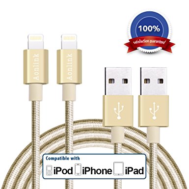 Aonlink iPhone Charger Cord, 2Pack 6FT 10FT Nylon Braided Lightning to USB Cable with Aluminum Connector for iPhone 7/7 Plus/6s/6s Plus/6/6Plus/5s/5c/5, iPad/iPod Models-Gold