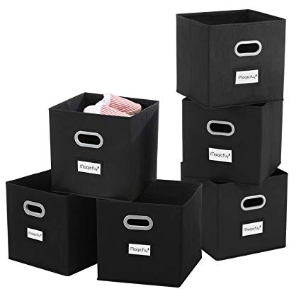 Magicfly Cloths Storage Bins with Label Holders, 6 Pack Foldable Fabric Cube Organizers with Handle for Closet, Books, Socks, 12", Black