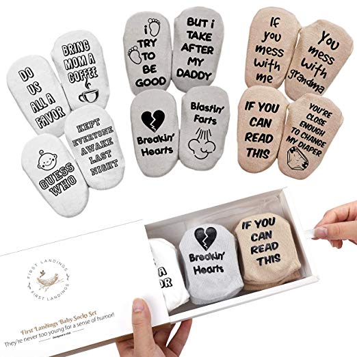 First Landings Baby Socks Set | Adorable Quotes, 6 Pairs and Gift Packaging | Unique Baby Shower Gift for Boys or Girls | Best Gender Neutral Baby Gifts