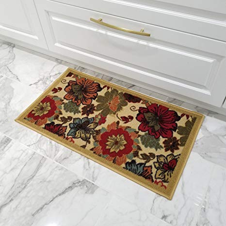Doormat 18x30 Beige Floral Kitchen Rugs and mats | Rubber Backed Non Skid Rug Living Room Bathroom Nursery Home Decor Under Door Entryway Floor Carpet Non Slip Washable | Made in Europe