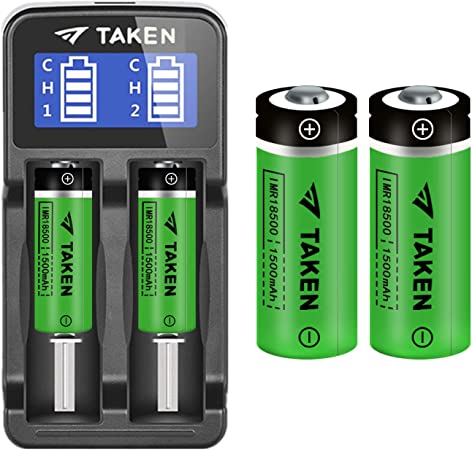 18500 Batteries with Charger, Taken IMR 18500 1600mAh 3.7V Li-ion Rechargeable Battery with Button Top, 4 Pack 18500 Rechargeable Battery with 2-Ports Charger