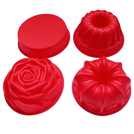 BAKER DEPOT Silicone Bakeware Big Cake Mold With 4 Differet Designs Rose Round Shape Flower Crown Design Pastry Mold Cake Decorating Tools, Set of 4 Red Color