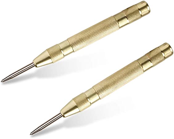 2 Pack Automatic Center Punch, Pamiso 5.1 Inch Spring Loaded Drill Punch Tool,Brass Window Spring Punch Tool, Fixed Point & Car Window Glasses Break