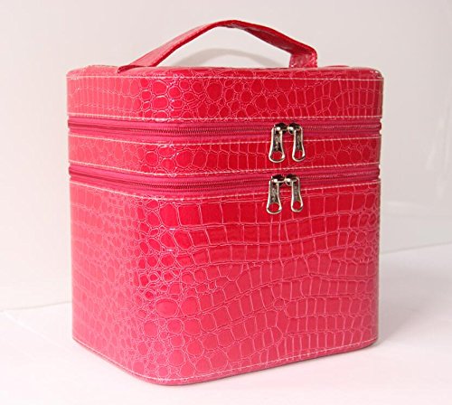 HOYOFO Large Double Layer Beauty Makeup Box Sturdy Leather Cosmetic Storage Cases,Rose red