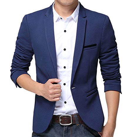 Pishon Men's Slim Fit Suits Casual One Button Flap Pockets Solid Blazer Jacket