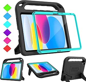 BMOUO Kids Case for iPad 10th Generation 10.9 inch 2022 - with Built-in Screen Protector, Shockproof Light Weight Covertible Handle Stand iPad 10th Generation Case for Kids, Black and Turquoise