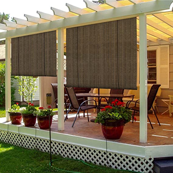 TANG Exterior Roller Shade Blinds Roll up Shade Privacy Screen for Patio Deck Porch Pergola Gazebo Balcony Backyard or Other Outdoor Spaces Light Filtering Block 90% UV Rays 6'W x 8.5'L Brown