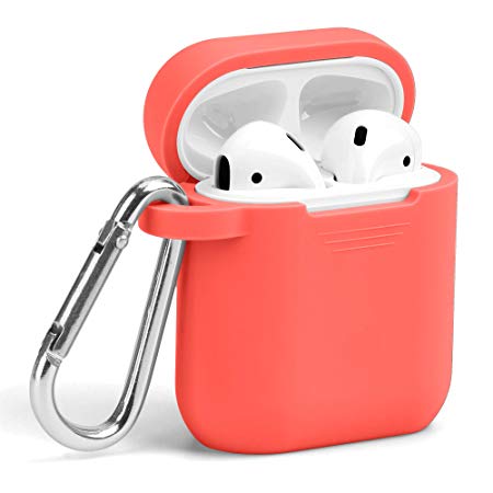 AirPods Case, GMYLE Cute Silicone Protective Shockproof Wireless Charging Airpods Case Cover Skin with Keychain Set Compatible for AirPod 1 & 2 – Coral Orange