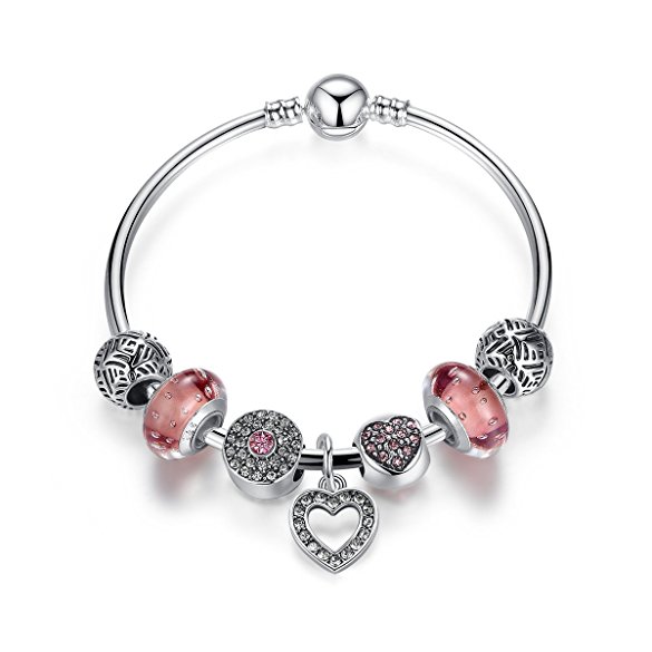 Presentski Silver Plated Charm Bracelets with Pink Cubic Zirconia Flower Lampwork Charm Beads