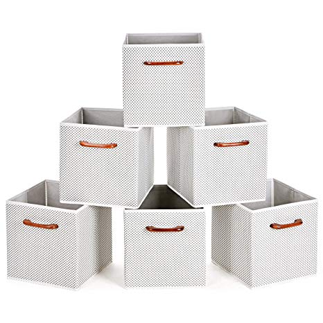 MaidMAX Cloth Storage Bins Cubes Baskets Containers with Wooden Handles for Home Closet Bedroom Drawers Organizers, Foldable, Grey Polka Dot, Set of 6