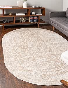 Unique Loom Oxford Collection Area Rug - Magdelan (4' 1" x 6' 1" Oval, Beige/ Ivory)