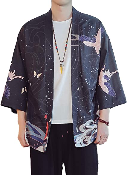 PRIJOUHE Men's Lightweight Kimono Jacket Seven Sleeve Open Front Cardigan Coat Japanese Style Bathrobe