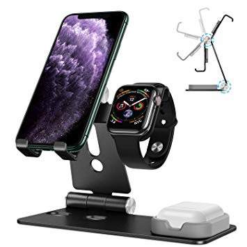 OMOTON Stand for Apple Watch - Cell Phone Stand for Airpods, [Updated Dock Version] Adjustable Charging Stand for Airpods 1/2, Apple Watch 5/4/3/2/1 and 11/11 Pro/11 Pro Max/XR/Xs/Xs Max (Black)