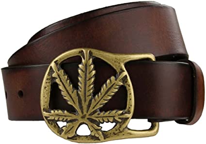 Belts.com Solid Brass marijuana leaf weed Buckle Leather Belt 1-1/2" wide