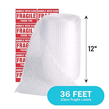 TeiKis 1-Pack (12 in x 36 ft) Bubble Cushioning Wrap Roll Perforated 3/16 inch for Moving Shipping Packing Supplies with 10 Fragile Stickers
