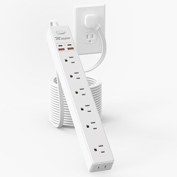 15 Ft Power Strip Surge Protector - 7 Outlets 4 USB Ports (2 USB C), Maxpw Ultra Thin Flat Extension Cord & Flat Plug, 1700 Joules, Wall Mount, Desk Charging Station for Home Office Dorm, White