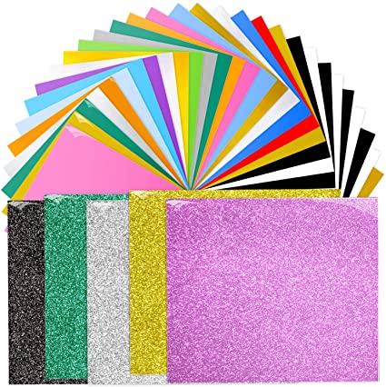 Heat Transfer Vinyl, Ohuhu 36 Pack Sheets Iron on Vinyl, Include 20 Assorted Colors   5 Glitter Colors HTV Vinyls for DIY Iron on Fabrics T-Shirts Hats with Heat Press Machine & Craft Cutter Machine