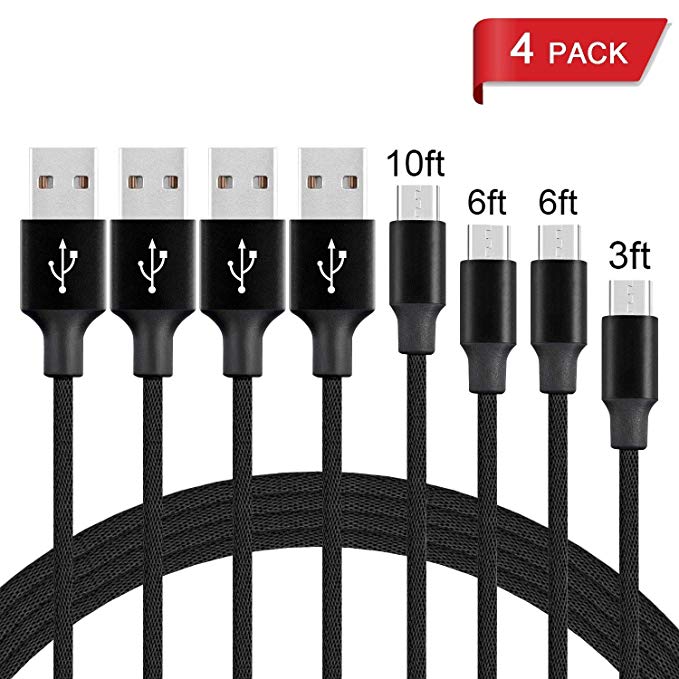 Micro USB Cable,UPMSX 4Pack 3FT/6FT/6FT/10FT Long Premium Nylon Braided Android Charger USB to Micro USB Charging Cable Cord for Samsung, Nexus,Motorola, Android Smartphone etc [Black]