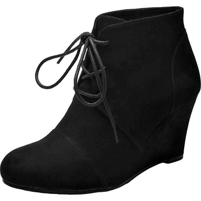 Women's Wide Width Wedge Boots - Lace Up Low Heeled Ankle Booties w/Round Closed Toe Rubber Sole Memory Foam Insole.