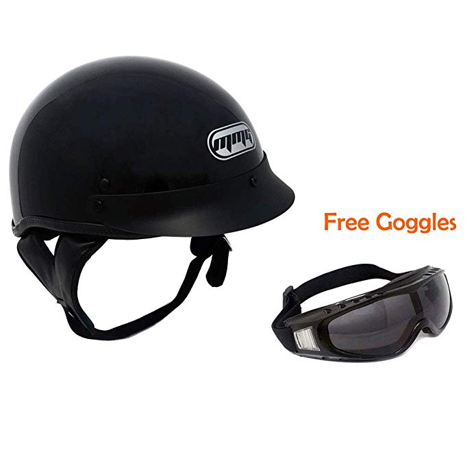 MMG Motorcycle Half Helmet Cruiser DOT Street Legal – Glossy Black (X-Large)  FREE Riding Goggles Stree Style