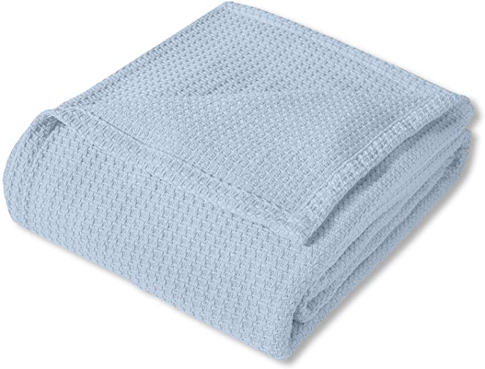 Sweet Home Collection 100% Fine Cotton Blanket Luxurious Basket Weave Stylish Design Soft and Comfortable All Season Warmth, Full/Queen, Pearl Blue