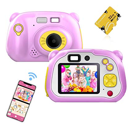 WiFi Kids Camera,CrazyFire 1080P HD Digital Camcorder with Dual Lens Cameras,Rechargeable Toy Camera with Flash& Auto Focus with Toddler Camera for Girls and Boys(32 TF Card Included) (Pink)