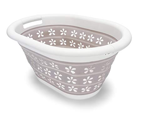 Camco White/Taupe Collapsible Utility/Laundry Basket – Perfect for Homes, Boats, and RVs – Easy Grip Carrying Handles - Foldable for Compact Storage