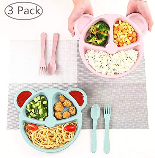TFWell Divided Toddler Baby Plates, Set of 3 Microwave Safe Dishes, Wheat Straw Degradable Healthy BPA Free Eco-Friendly Tableware Plate for Toddler Baby Kids, Dishwasher Safe Lunch Dinner Dishes